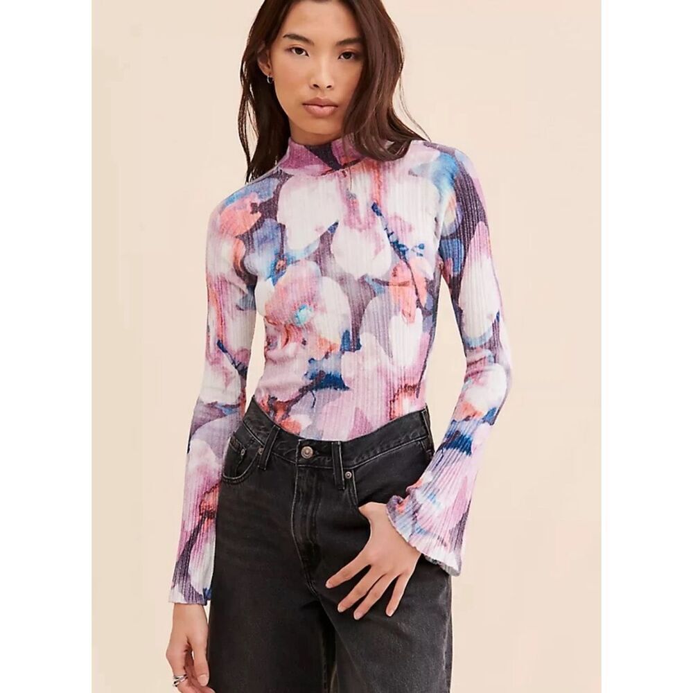 Anthropologie Floral Ribbed Mock Neck Sweater - Pink, Blue, White